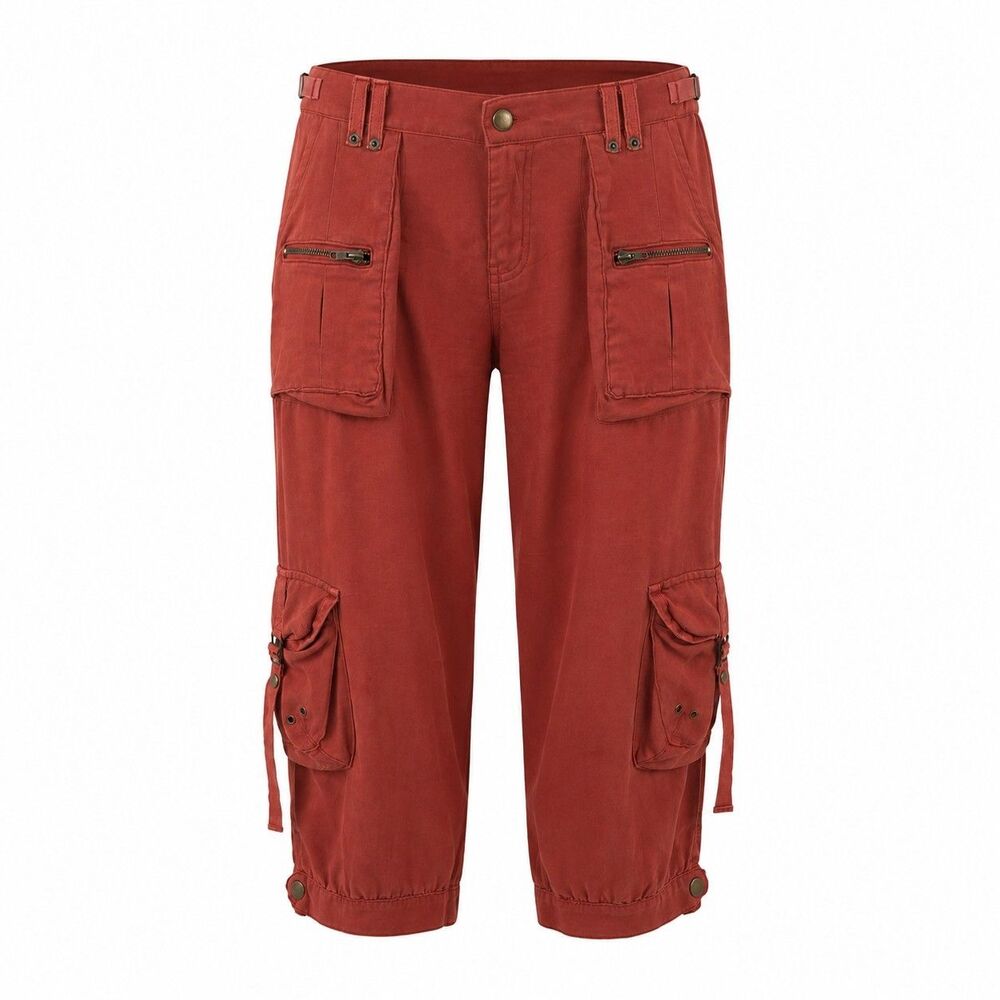 Vintage Da Nang Silk Cargo Capri Pants Women's L Orange Red Y2K Slouch